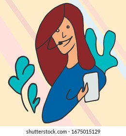 Vector simple de diseño plano avatar mujer. Trabajadores del centro de llamadas. Conversaciones de negocios. Servicio de asistencia. Mujer sonriente hablando con micrófono y auriculares. Fotografías coloridas de consultores. Vida en la oficina. Mujer trabajando.