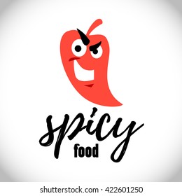 Vector simple flat food logo. Restaurant, cafe, catering insignia. Spicy food icon. Pepper, paprika cartoon character icon isolated on white background. Mexican food logo. Funny chili character.