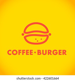 Vector simple flat food logo. Restaurant, cafe, catering insignia. Food icon. Coffee burger, sandwich icon isolated on yellow background. Fast food simple flat icon. Burger icon. Food  simple insignia