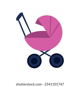 Vector simple flat illustration of baby pink stroller, stroller for mom and baby. Isolated on a white background.