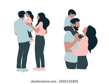 Vector simple flat illustration depicting a loving family of mother, father and child