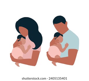 Vektoreinfache flache Illustration mit dem Bild einer liebenden Mutter und eines liebenden Babys, Vaters und Babys