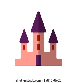 Vector simple flat illustration of pink castle for fairy tale kids illustrations, game app. Pink castle with turrets isolated on white background