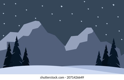 Vector simple flat illustration of starry Night view of Winter mountains landscape with trees, pines and hills