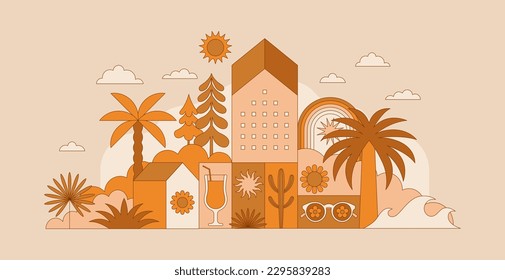 Vector simple flat illustration, summer vacation, tropical hotel,  geometric summer pattern and banner, sun travel, landscape with island scenery with houses and palm trees, horizontal banner 