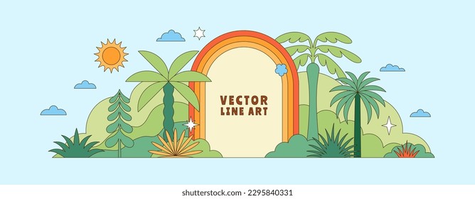 Ilustración plana vectorial, vacaciones de verano, hotel tropical, patrón y pancarta geométricos de verano, viajes solares, paisaje con paisaje insular con casas y palmeras