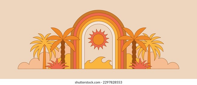 Vector simple flat illustration, summer vacation, tropical hotel,  geometric summer pattern and banner, sun travel, landscape with island scenery with houses and palm trees, horizontal banner