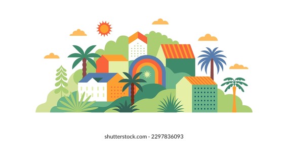 Vector simple flat illustration, summer vacation, tropical hotel,  geometric summer pattern and banner, sun travel, landscape with island scenery with houses and palm trees, horizontal banner 