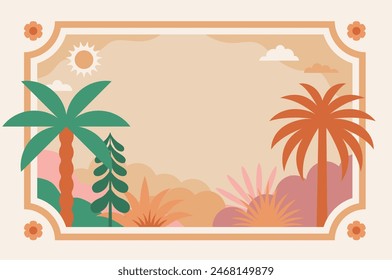 Ilustración plana simple de Vector, vacaciones de verano, hotel tropical, patrón geométrico de verano y Anuncio, viajes al sol, paisaje con paisaje isleño 