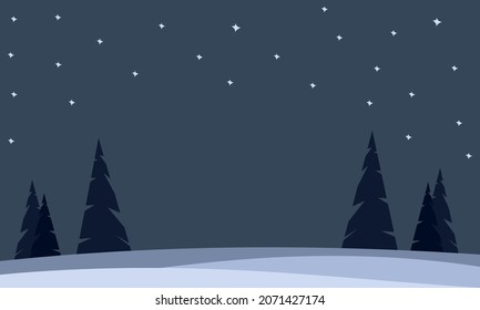 Vector simple flat illustration of winter starry night view with trees and pines