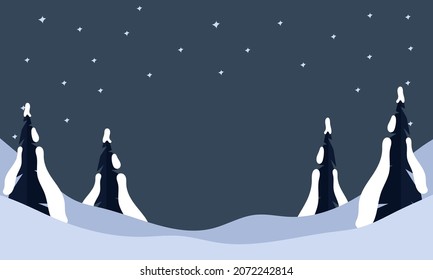 Vector simple flat illustration of winter starry night view with trees and pines