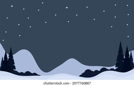 Vector simple flat illustration of winter starry night view with trees and pines