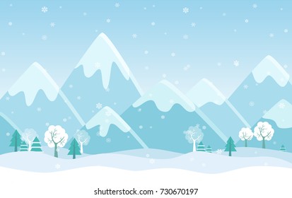 Vector Simple flat illustration of Winter Mountains landscape with trees, pines and hills.