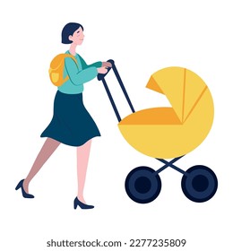 Vector simple flat illustration of a young woman mom on a walk with a stroller with her small child. Isolated on a white background