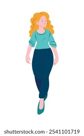 Vektor einfache flache Illustration einer jungen Frau zu Fuß. Ein Mädchen mit langen roten lockigen Haaren in Jeans und einem Sweatshirt. Einzeln auf weißem Hintergrund