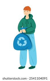 Vector simple flat illustration of a young man carrying recyclables in separate garbage collection tanks. Environmental problems. Zero waste. Recycling of waste.