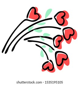 Vector simple flat illustration-metaphor of a bouquet flowers, where instead of buds depicted abstract hearts. Concept love, Valentine s Day.