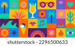 Vector simple flat illustrations and icons, geometric summer pattern and banner, vacation and tropical travel, flowers and plants simple shapes, festival and sale posters