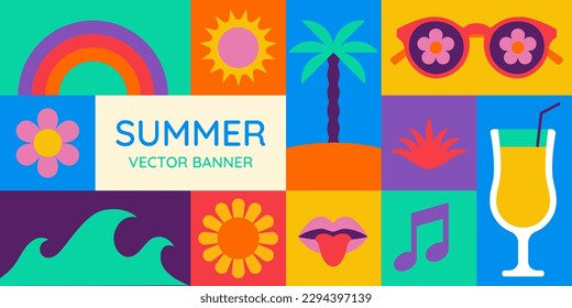 Vector simple flat illustrations and icons, geometric summer pattern and banner, vacation and tropical travel, flowers and plants simple shapes, festival and sale posters