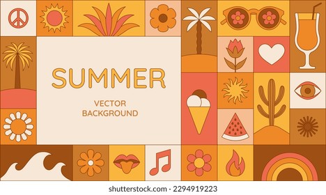 Iconos e ilustraciones planas vectoriales simples, patrones y banners geométricos de verano, viajes de vacaciones y tropicales, flores y plantas formas simples, carteles de festival y venta