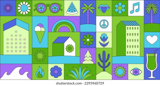 Vector simple flat illustrations and icons, geometric summer pattern and banner, vacation and tropical travel, flowers and plants simple shapes, festival and sale posters