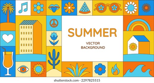 Vector simple flat illustrations and icons, geometric summer pattern and banner, vacation and tropical travel, flowers and plants simple shapes, festival and sale posters