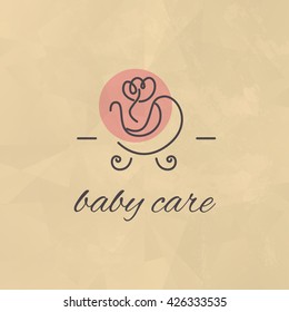 Vector simple flat kid logo. Baby, child company goods, toys shop, store, sweet shop, candy bar logo. Stroller icon, pink flower icon isolated. Paper texture. Baby care logo.