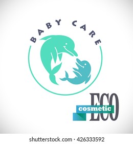 Vector simple flat kid logo. Baby, child company goods, toys shop, store. Children icon, fish cute smiling character. Dolphin green couple. Eco cosmetic logo, baby care isolated on white background.