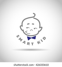 Vector simple flat kid logo. Baby, child company goods, toys shop store. Human icon. Children simple flat icon baby smiling character. Baby head little gentleman with tie isolated on white background.