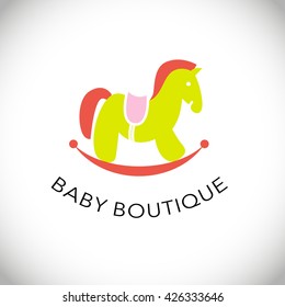 Vector simple flat kid logo. Baby, child company goods, toys shop, store, sweet shop, candy bar logo. Riding horse icon. Children icon, animal character isolated on white background.