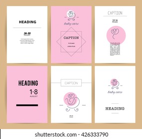 Vector simple flat kid logo. Baby, child company goods, toys shop, store, sweet shop, candy bar logo. Human icon. Children stroller icon, flower icon. Flat simple card, poster, advertising collection.