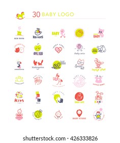 Vector simple flat kid logo set. Baby, child goods, toys store, candy bar, sweet shop logo isolated on white backdrop. Elephant, dolphin, cat, bird, dog, stork, chicken, bunny, castle, boy, girl icon.