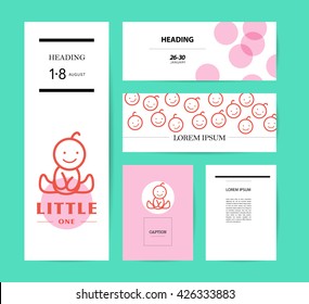 Vector simple flat kid logo. Baby, child company goods, toys shop, store, sweet shop, candy bar logo. Human icon. Children icon, pattern. Flat simple card, poster, advertising, banner collection.