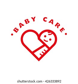 Vector simple flat kid logo. Baby, child company goods, toys shop, store logo. Human icon. Children icon, animal character. Heart symbol isolated on white background. Baby care, hand holding baby.