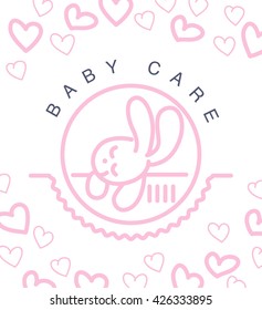 Vector simple flat kid logo. Baby, child company goods, toys shop, store. Sleeping bunny icon. Hare icon, animal cute character. Pink pattern with heart shapes isolated on white background.