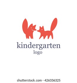 Vector simple flat kid logo. Baby, child company goods, toys shop, store. Two red fox icon, animal character. Big tail, cute animal. Kindergarten logo isolated on white background. Dog couple friendly