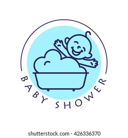 Vector simple flat kid logo. Baby company goods, toys shop, store. Human icon. Child icon, baby character. Happy kid sitting in bath isolated on white background. Baby shower logo, baby care cosmetic.