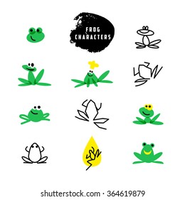 Vector simple flat logo with frog character. Cute friendly frog illustration. Logo and insignia template good for animal, pet store, children toys shops, zoo markets, eco companies and business. 