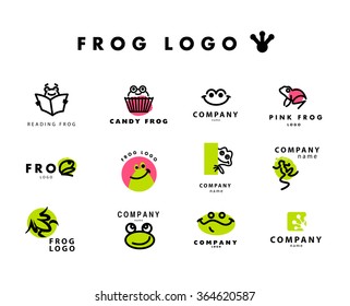 Vector Simple Flat Logo With Frog Character. Cute Friendly Frog Illustration. Logo, Insignia Template. Animal, Pet Store, Children Toys Shops, Zoo Market, Eco Company, Outdoor Service And Business. 