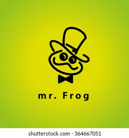 Vector simple flat logo with frog character. Cute friendly frog illustration. Logo and insignia template good for animal, pet store, children toys shops, zoo markets, eco companies and business. 