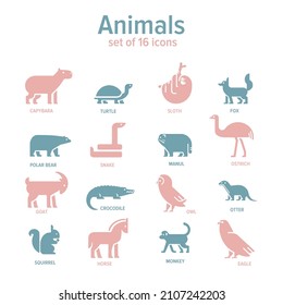 Vector Simple Flat Pictograms Of Animals. Big Set Icons For Zoo 