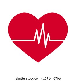 vector simple flat red heart icon with ekg pulse haert beat line signal, healthy lifestyle or medical concept