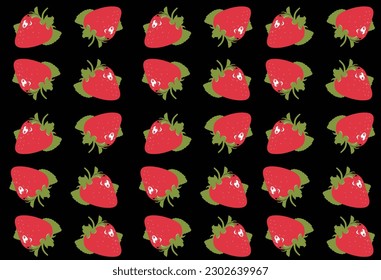 vector of simple flat strawberry with leaf pattern, reflection, with black background