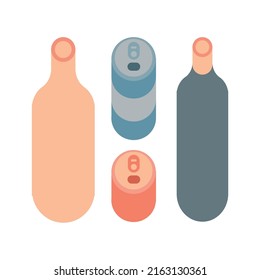 Vector simple flat style set of glass bottles and metal cans