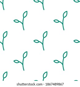 Vector simple floral pattern with leaves in green colors in line style on white background. For textile prints or wrapping paper, for summer, spring or jungle concepts. Seamless vector illustration.