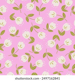 Vector Simple floral seamless pattern. Vintage print with hand drawn white flowers, leaves on a pink background. Retro design for wallpaper, textile, fabric, wrapping paper, cover, card,