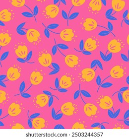 Vector Simple floral seamless pattern. Vintage print with hand drawn yellow bell flowers, leaves on a pink background. Retro design for wallpaper, textile, fabric, wrapping paper, cover, card,