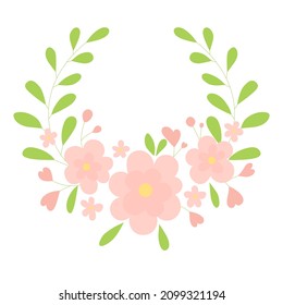 Vector simple corona floral con hojas de primavera, flores rosadas y ramas con corazones. Ideal para mensajes de texto, bodas e invitaciones. Ilustración vectorial de estilo plano aislada en fondo blanco.