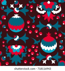 Vector Simple Folk Floral seamless pattern. Dark purple backdrop