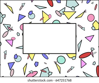 Vector simple frame  background with memphis style pattern. Geometric shapes, figures Template with 80's - 90's fashion for your design. Poster, banner, flayer , advertisement element. 